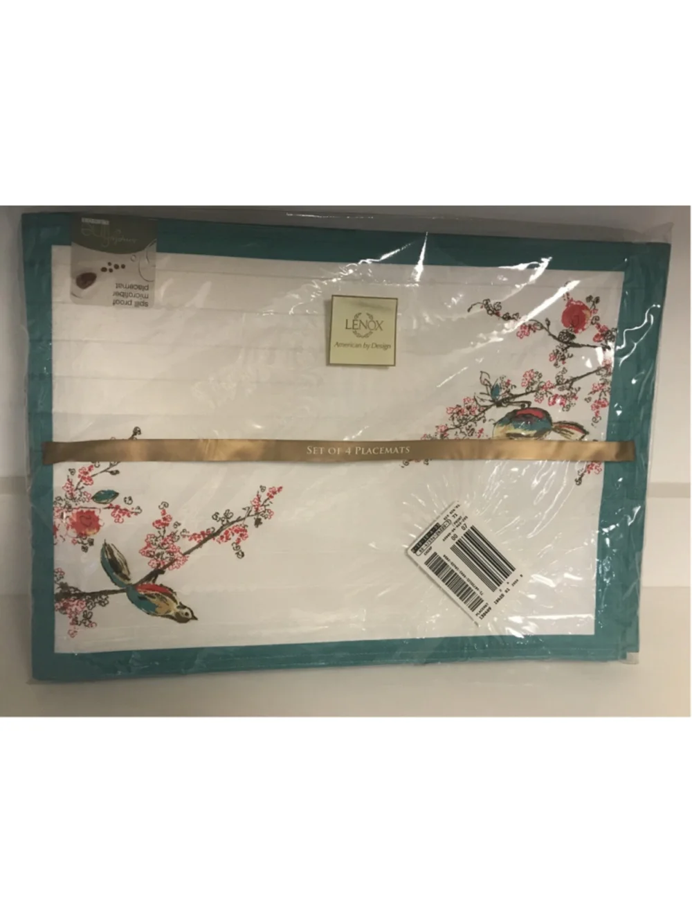 8 Lenox Chirp Placemats Microfiber White Teal Blue Floral Spring Cherry Blossoms